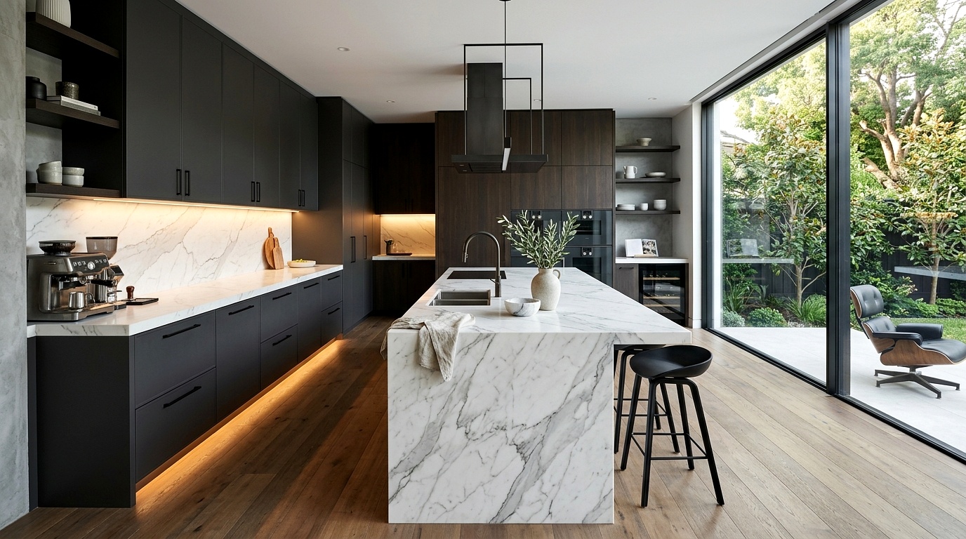 Cocina Integral con isla y cuarzo en Chicureo